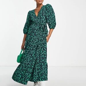 Glamorous Petite Wrap Maxi Dress Navy Ditsy Floral Blue & Green Size 8